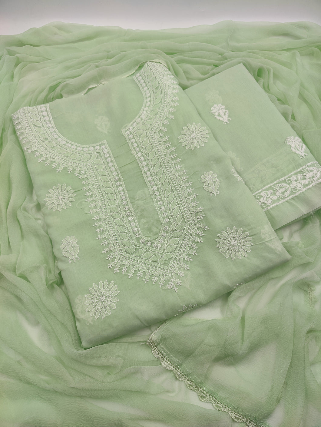 Cotton Pistachio Green Unstitched Chikankari Suit Set