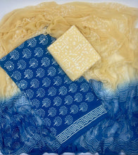 Load image into Gallery viewer, Block printed hand embroidered Blue and yellow Cotton suit with Dupatta
