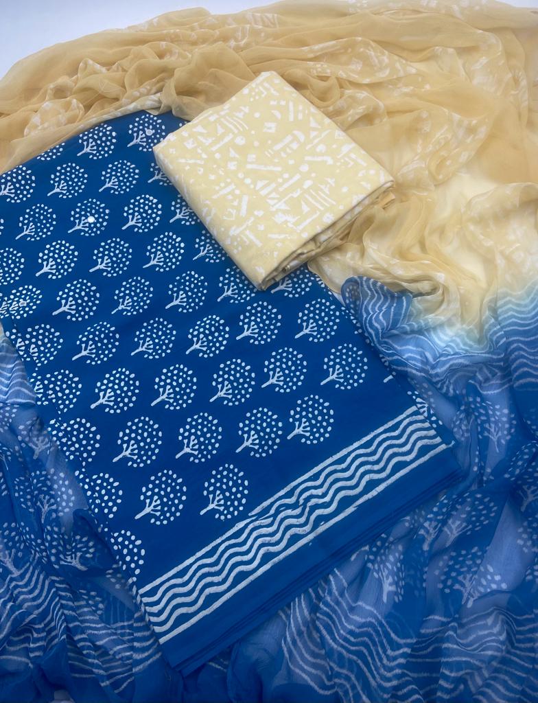 Block printed hand embroidered Blue and yellow Cotton suit with Dupatta