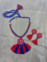 Load image into Gallery viewer, Red and Blue Beaded Neckpiece &amp; Earing
