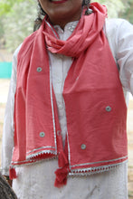 Load image into Gallery viewer, Coral Pink Mirror Work Mul Cotton Stole
