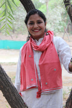 Load image into Gallery viewer, Coral Pink Mirror Work Mul Cotton Stole