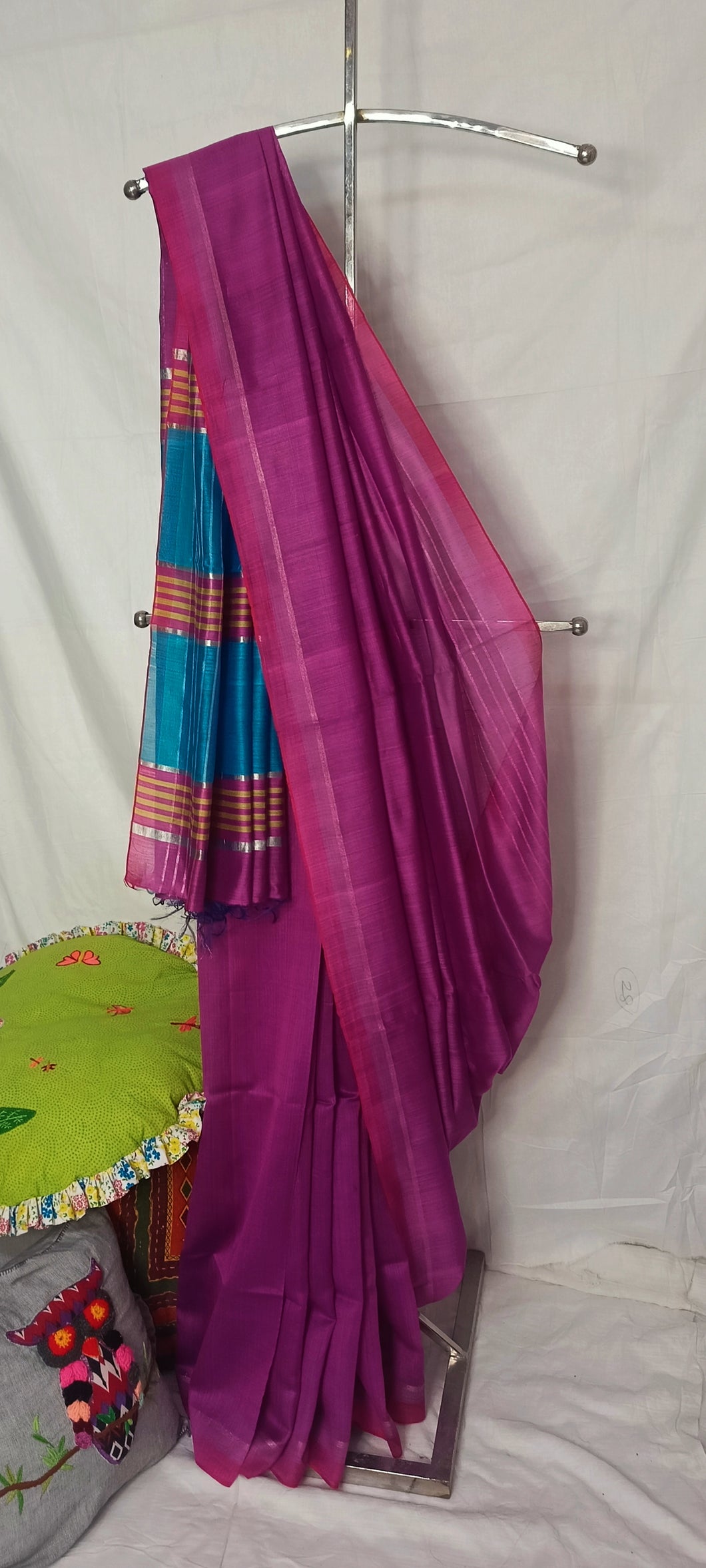 Pink and blue bhagalpuri cotton silk saree