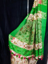 Load image into Gallery viewer, Off white &amp; Green Combination Bhagalpuri  Linen Saree
