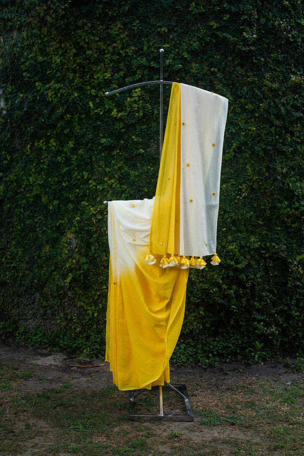Sukoon Mirrorwork Yellow Mul Cotton Sari