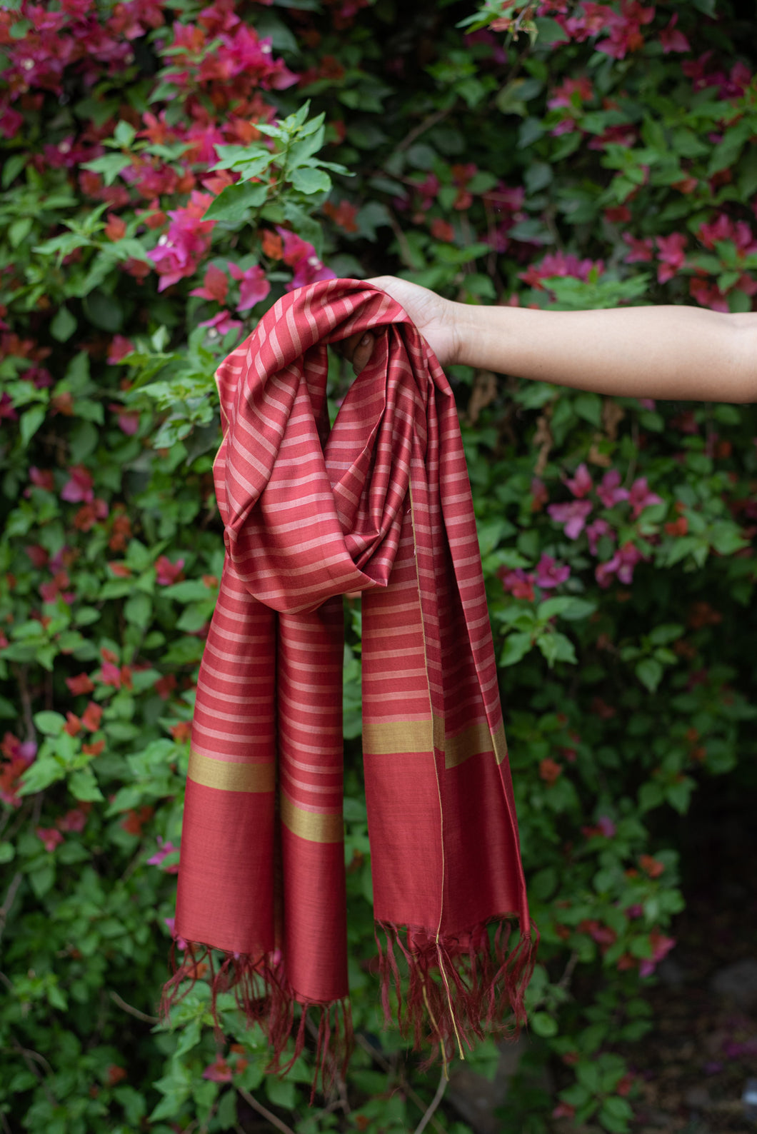 Fall Foliage Scarlet Red Striped Handwoven Silk Stole