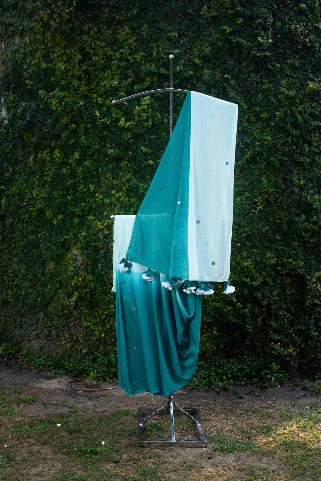 Sukoon Mirrorwork Green Mul Cotton Sari