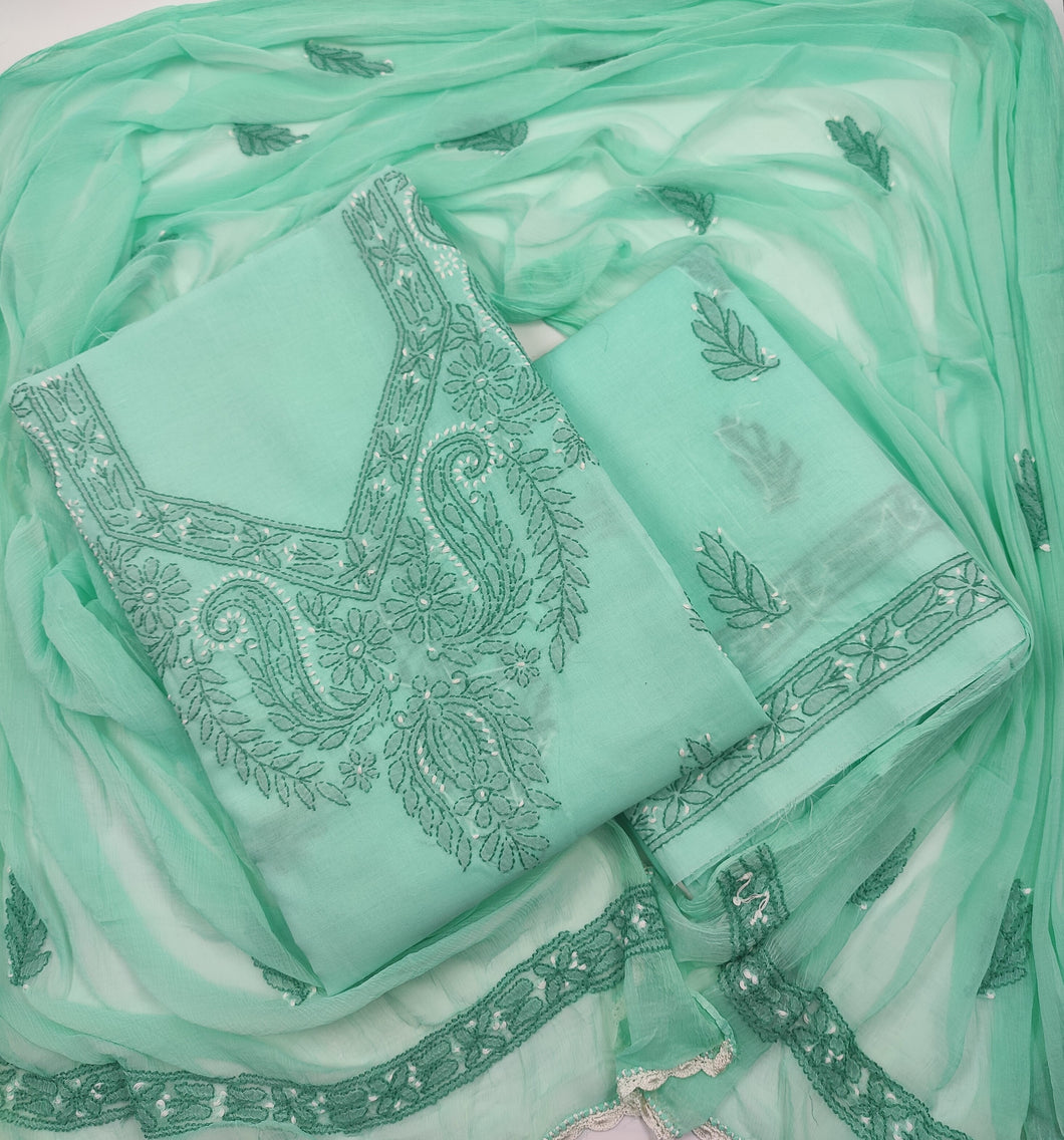 Cotton Sea Green Unstitched Chikankari Suit set