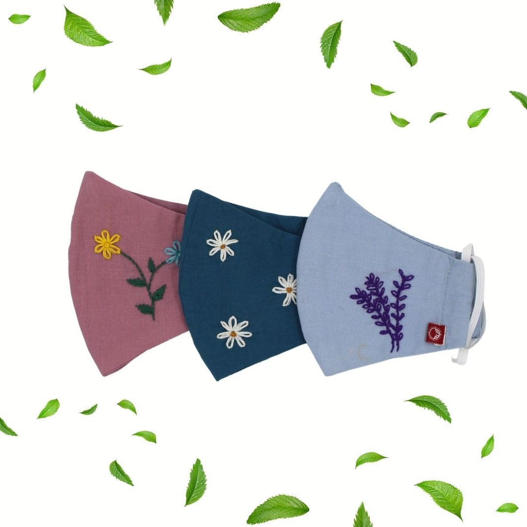 Pack of 3: Light Blue, Dark Blue, Light Pink Embroidered Snug Fit Face Masks