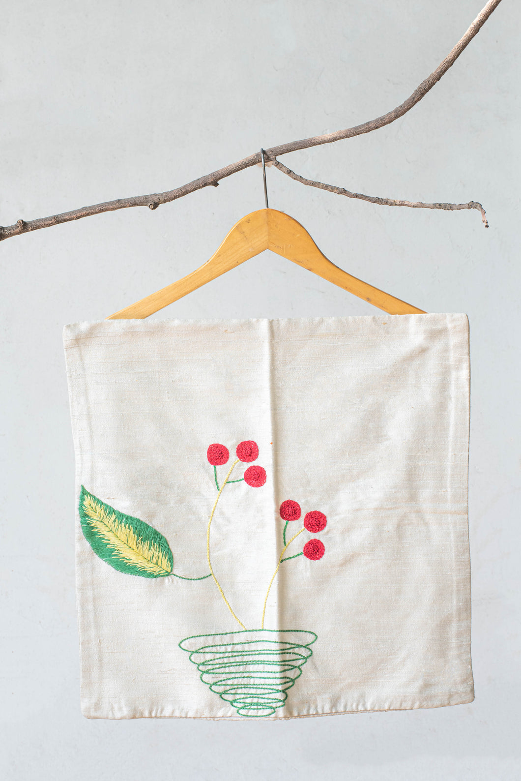 Flower Pot Hand-Embroidered Silk Cushion Cover